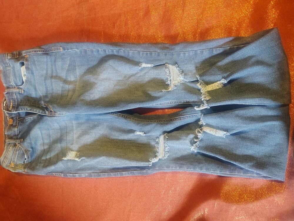 Fashion Nova Jeans Womens 27 Light Blue Distressed Ripped Flare High Rise Denim